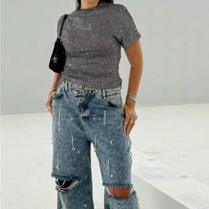 NWT ITMFL Embellished Distressed Flare Jeans